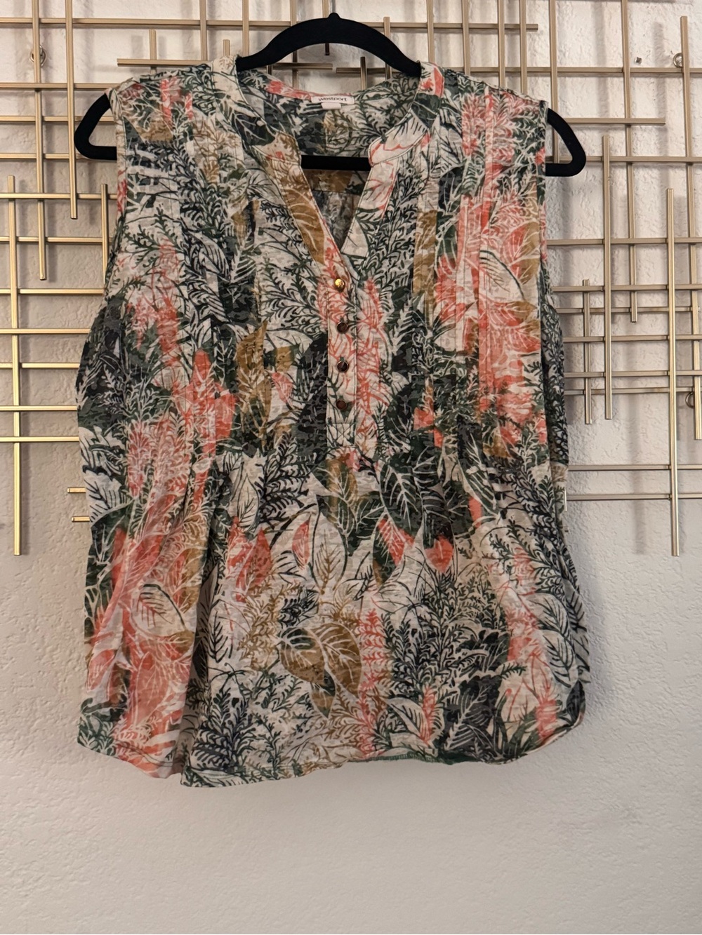 Westport Coral, Green & Cream Floral Split-Neck Sleeveless Blouse